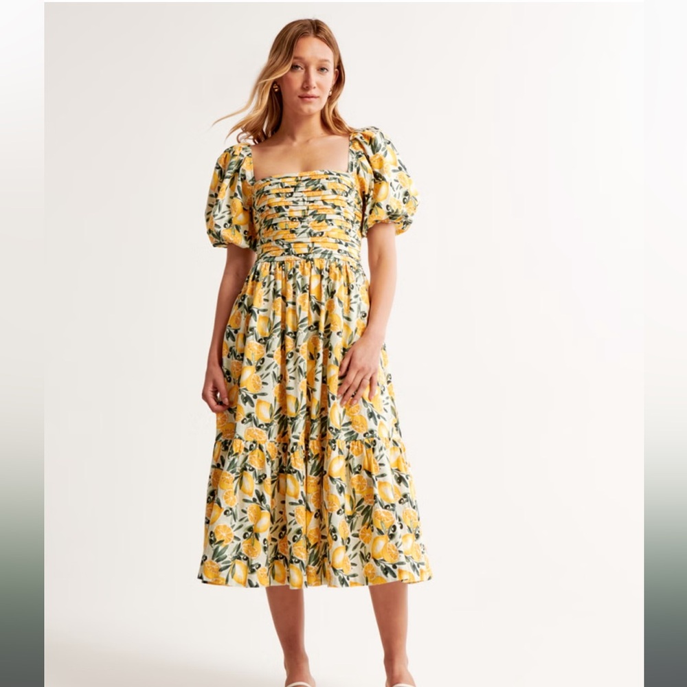Abercrombie & Fitch Emerson Puff-Sleve Midi Dress in Linen Lemon Print size L